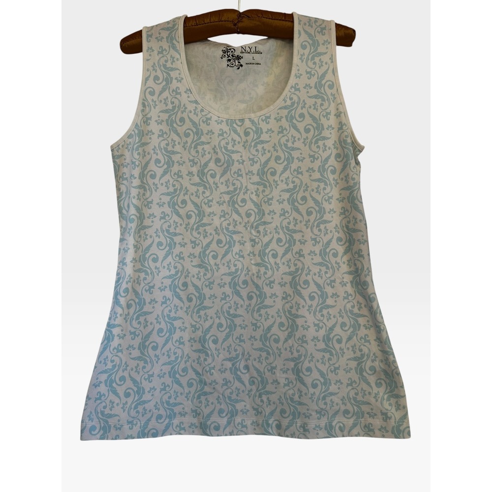 NYL New York Laundry Tank Top Womens L Blue White Damask Scroll Scoop Neck New